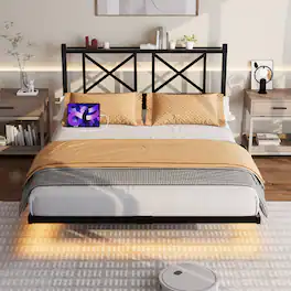 LUCKY ONE - Full Size Floating Bed Frame with Headboard and Storage, USB Charging Station and LED Lights - Black