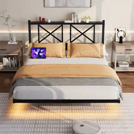 Front. LUCKY ONE - Full Size Floating Bed Frame with Headboard and Storage, USB Charging Station and LED Lights - Black.