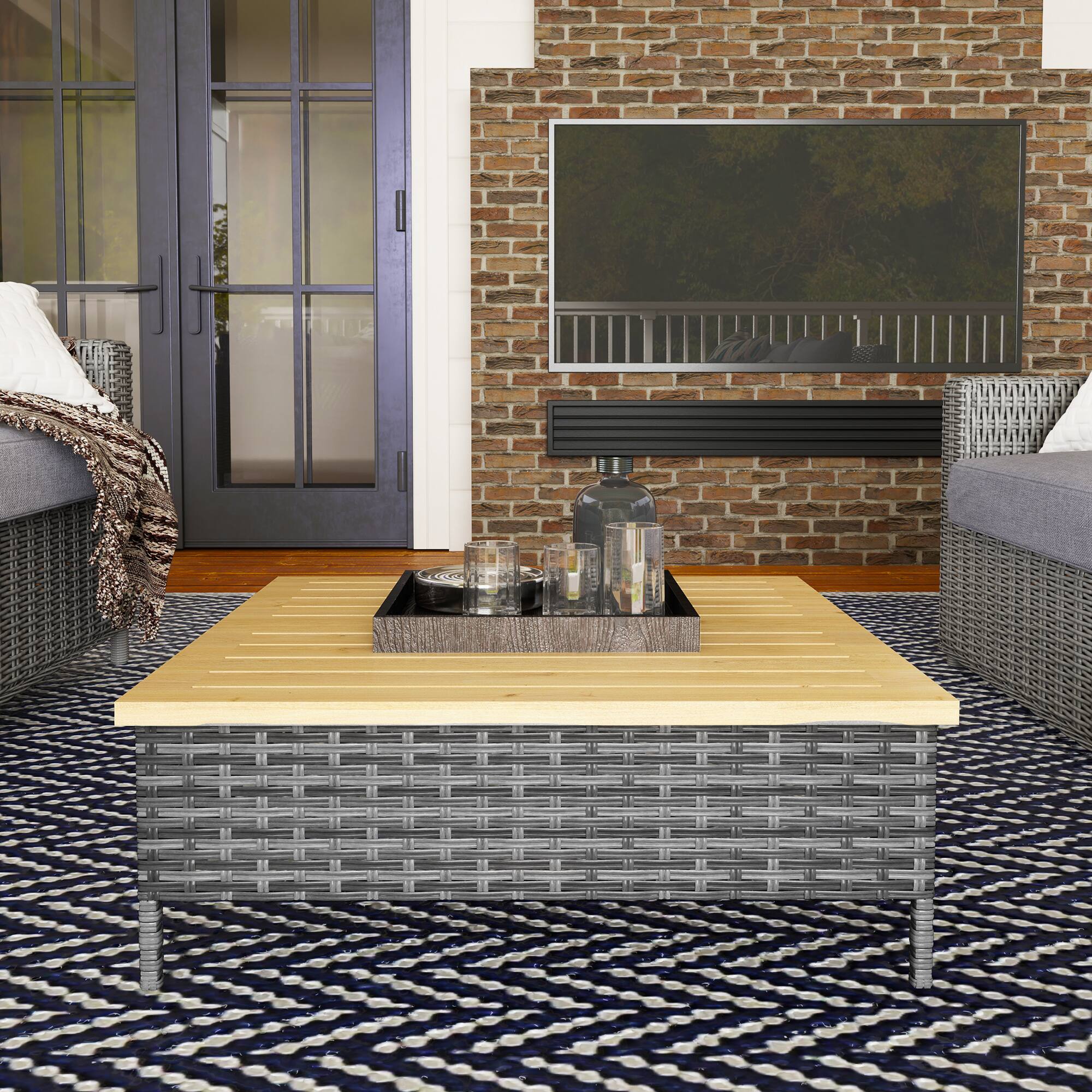 Alt View 7. Outsunny - Outdoor Side Table with PE Rattan, Patio End Table with Natural Fir Wood Top, Weather Resistant Accent Table - Gray.