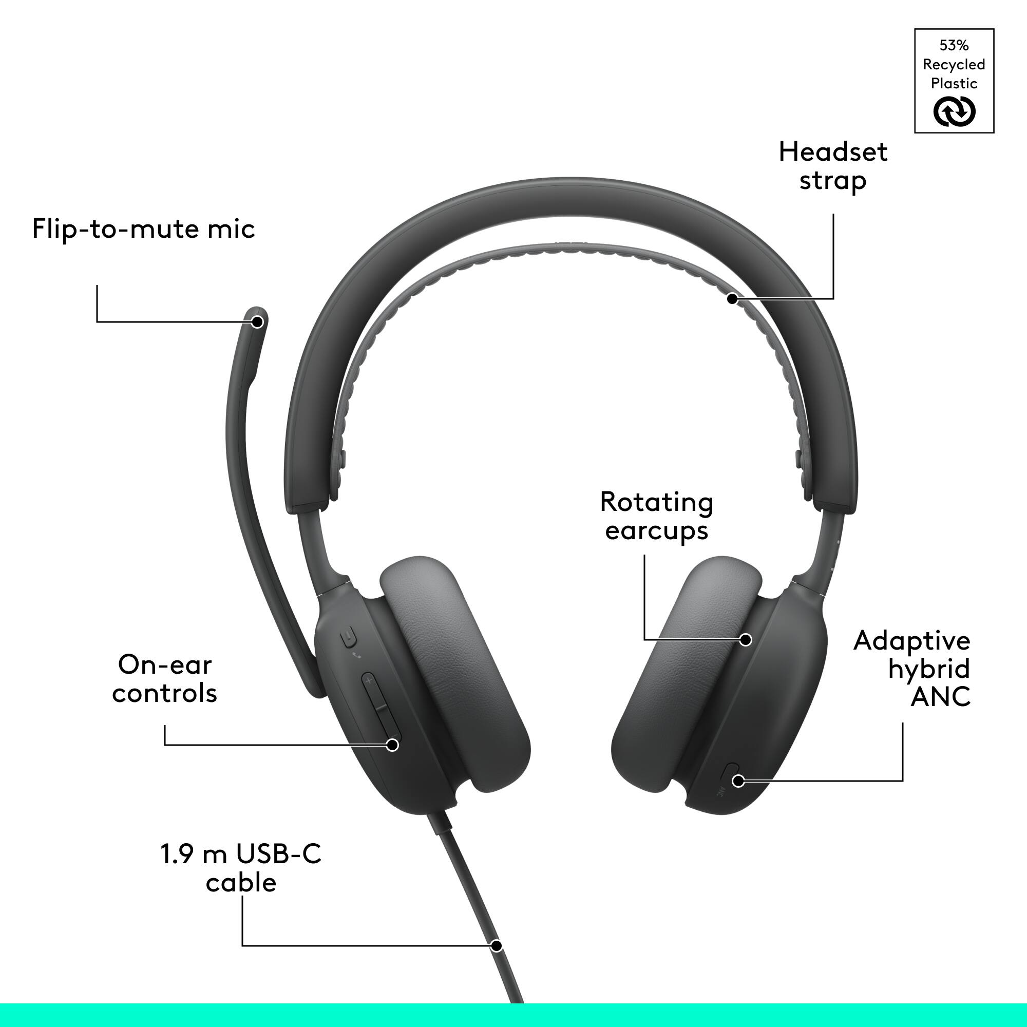 53% Recycled Plastic  
Flip-to-mute mic  
Headset strap  
Rotating earcups  
On-ear controls  
Adaptive hybrid ANC  
1.9 m USB-C cable