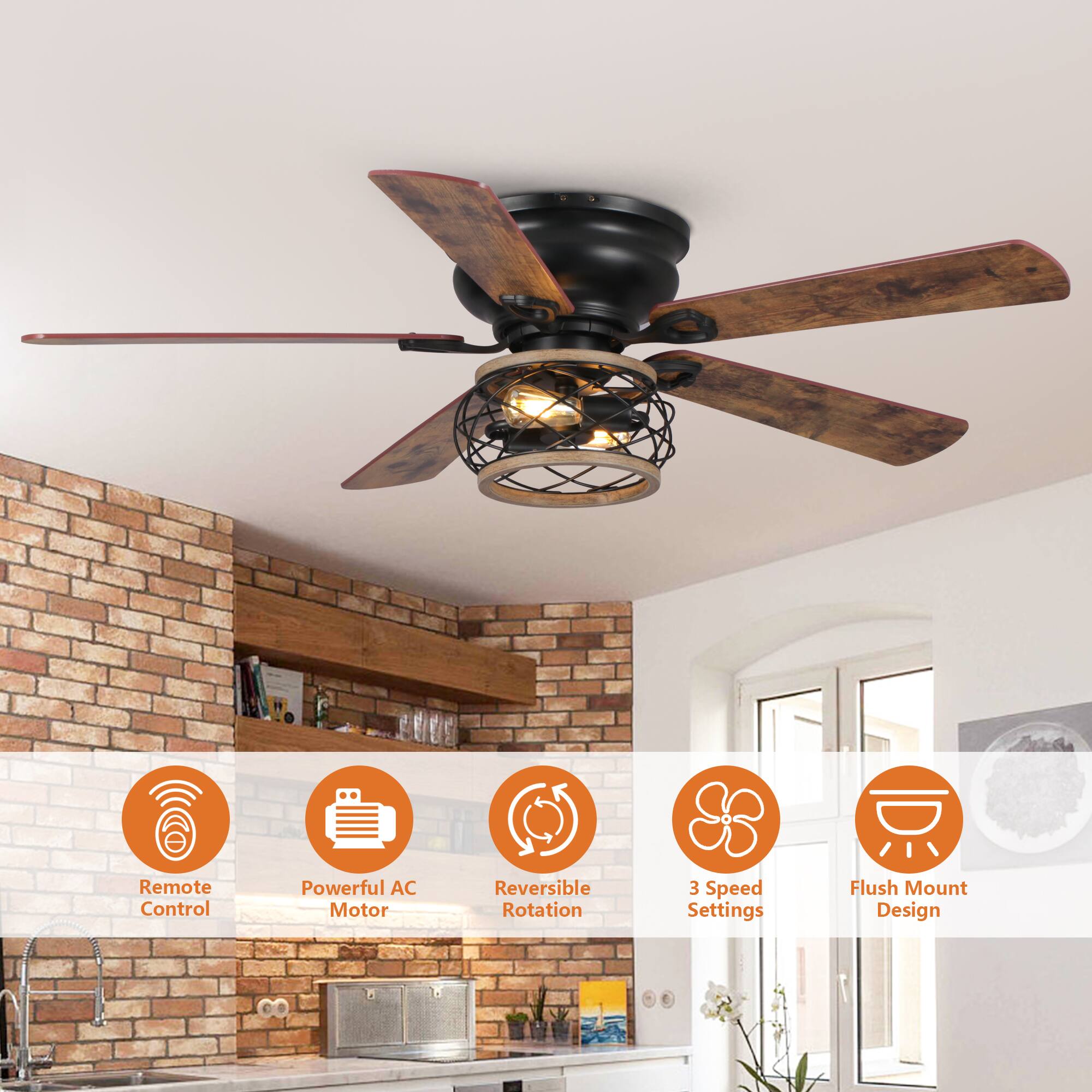 - Remote Control
- Powerful AC Motor
- Reversible Rotation
- 3 Speed Settings
- Flush Mount Design