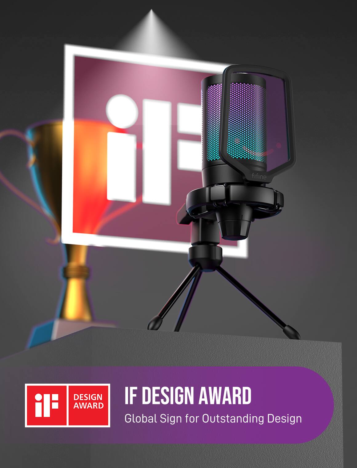 The image features a microphone and a trophy, with the microphone placed in front of the trophy. The trophy is a symbol of the IF Design Award, which is a global sign for outstanding design. The IF Design Award recognizes exceptional design achievements worldwide, and the trophy serves as a representation of the award's prestige and significance.