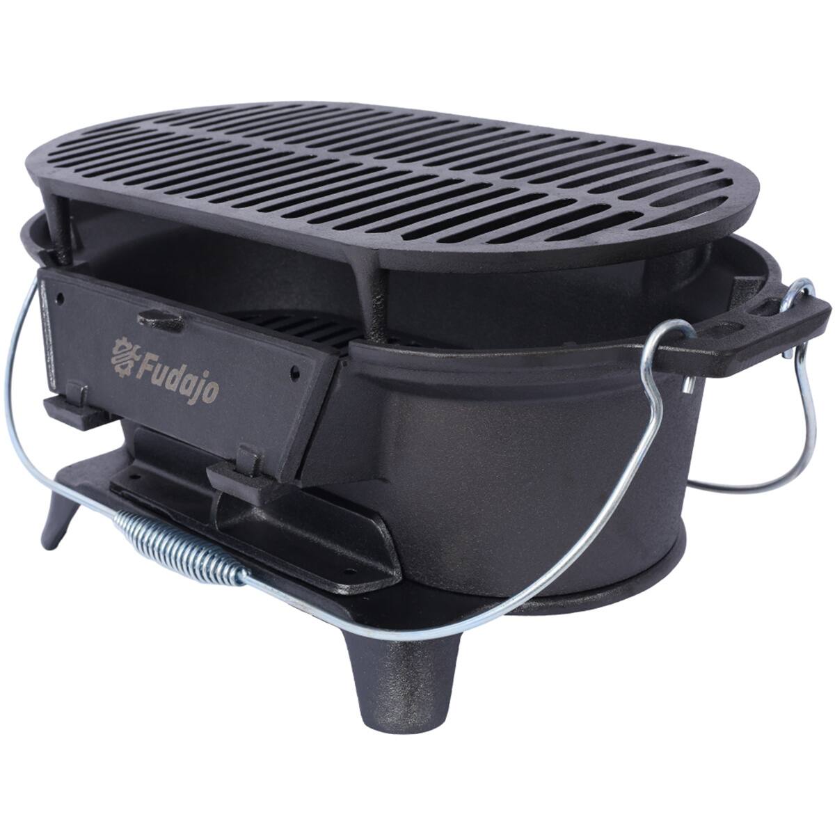 Angle. HTUTWOO - Oval Cast Iron Grill Outdoor - Portable Charcoal Grill and Tabletop Skillet,100% Cast Iron,Small BBQ Grill,Camping Stove - Black.