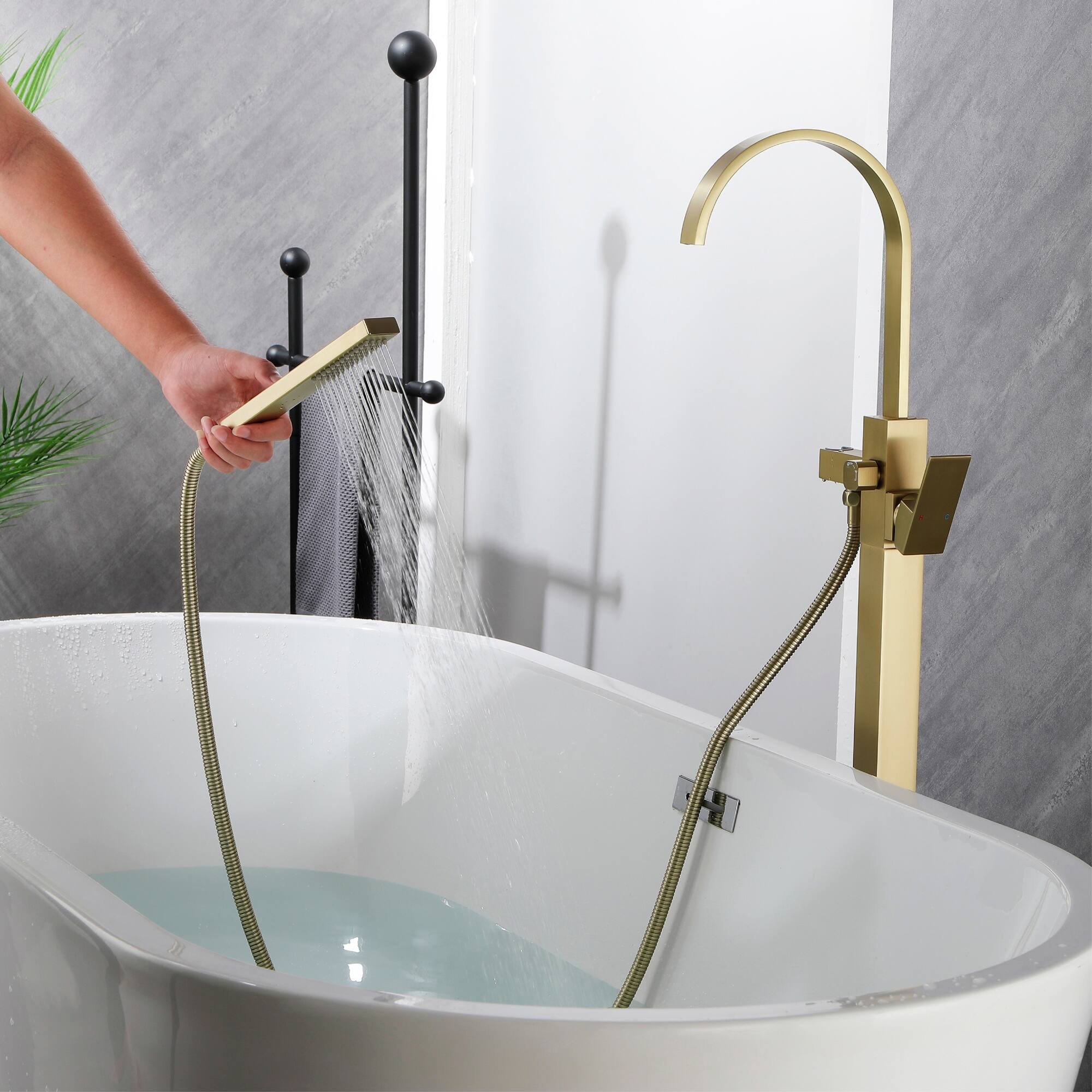 Alt View 2. Boyel Living - Brushed Gold Freestanding Bathtub Faucet Solid Brass 360° Swivel Handheld Spray 60-Inch Hose cUPC - Brushed Gold.