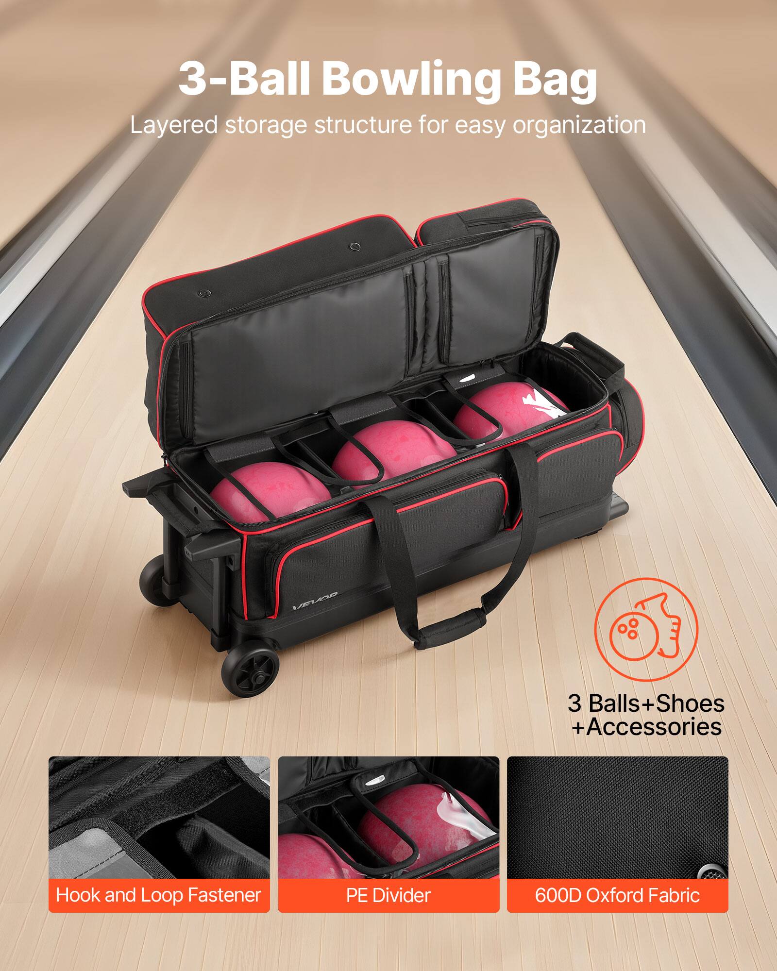 3-Ball Bowling Bag

Layered storage structure for easy organization

- 3 Balls + Shoes + Accessories
- Hook and Loop Fastener
- PE Divider
- 600D Oxford Fabric