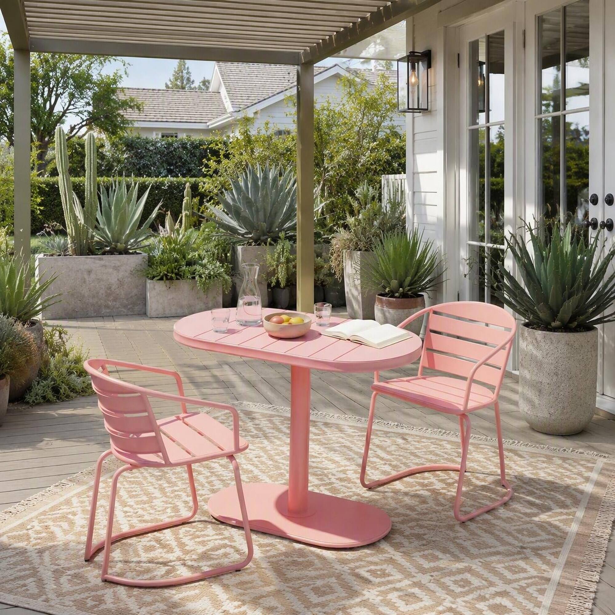 Back. RYHNUYNE - 3-Piece Pink Metal Outdoor Bistro Set,Oval Patio Table & 2 Armchairs,Outdoor Furniture for Balcony Garden Backyard - Coral.