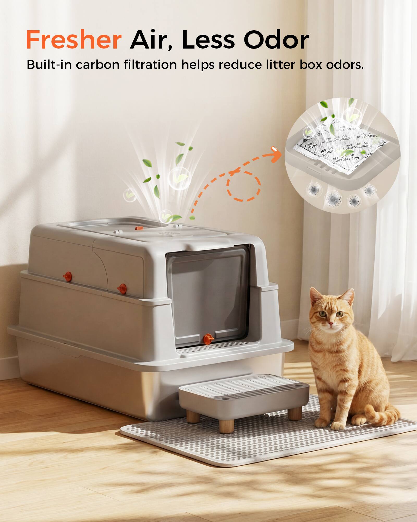 Fresher Air, Less Odor  
Built-in carbon filtration helps reduce litter box odors.