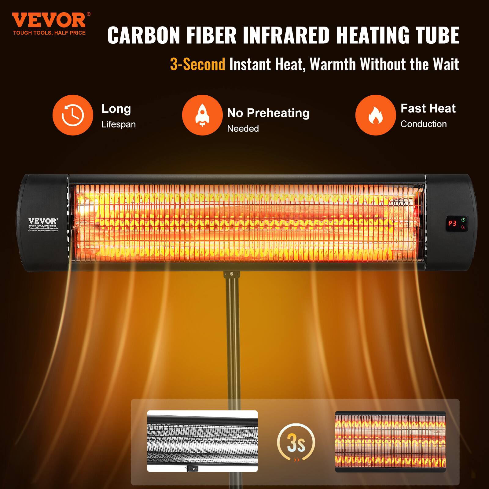 VEVOR TOUGH TOOLS, HALF PRICE CARBON FIBER INFRARED HEATING TUBE  
3-Second Instant Heat, Warmth Without the Wait  
Long Lifespan  
No Preheating Needed  
Fast Heat Conduction  

VEVOR - COLA Totamin MILK SCHECK ml manuty Carbohy  
P3  
3s