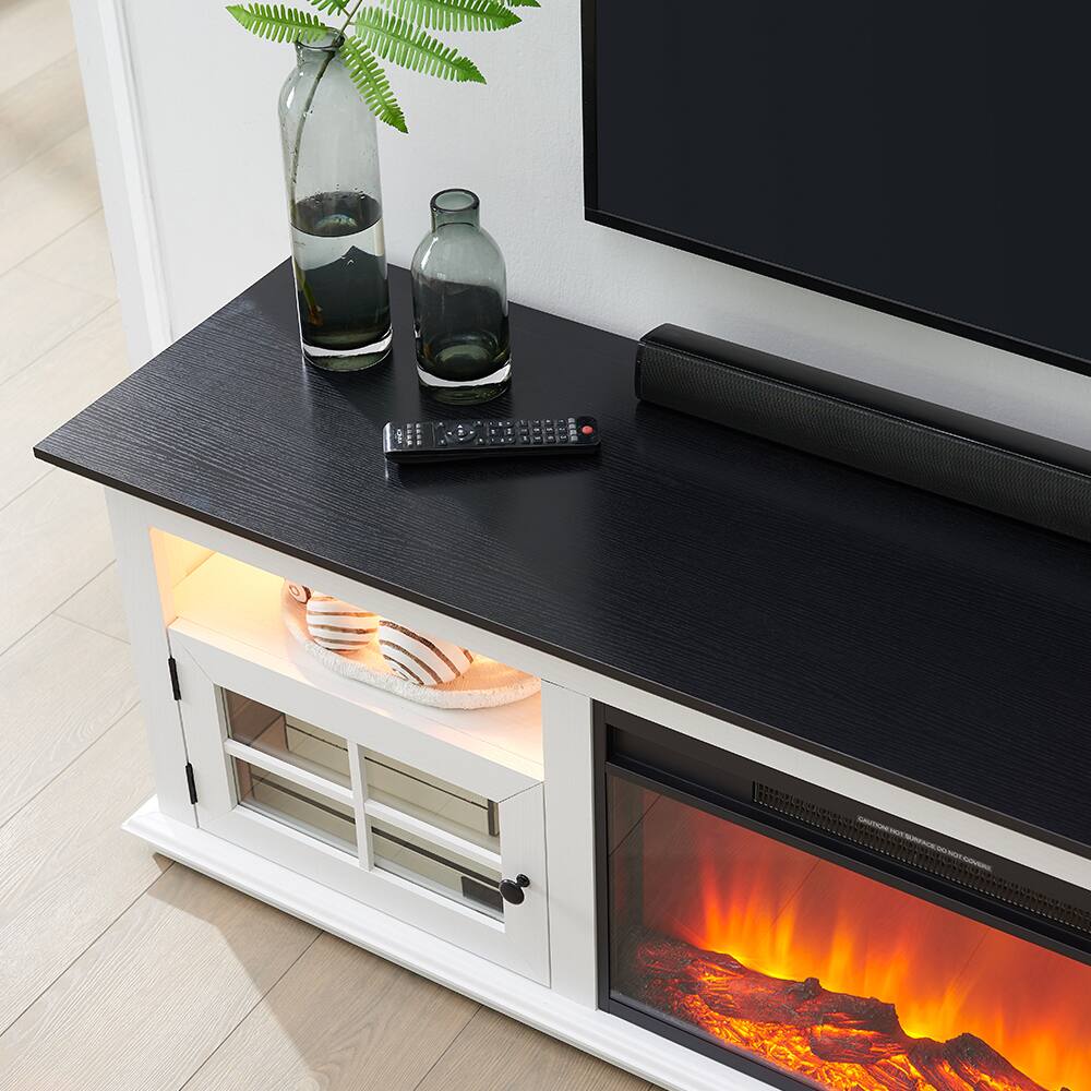 Left. Living Essentials Corp - Richmond Unfold™ 72" Off White Farmhouse Fireplace TV Stand with Cabinet Doors, Entertainment Center and Media Console - White.