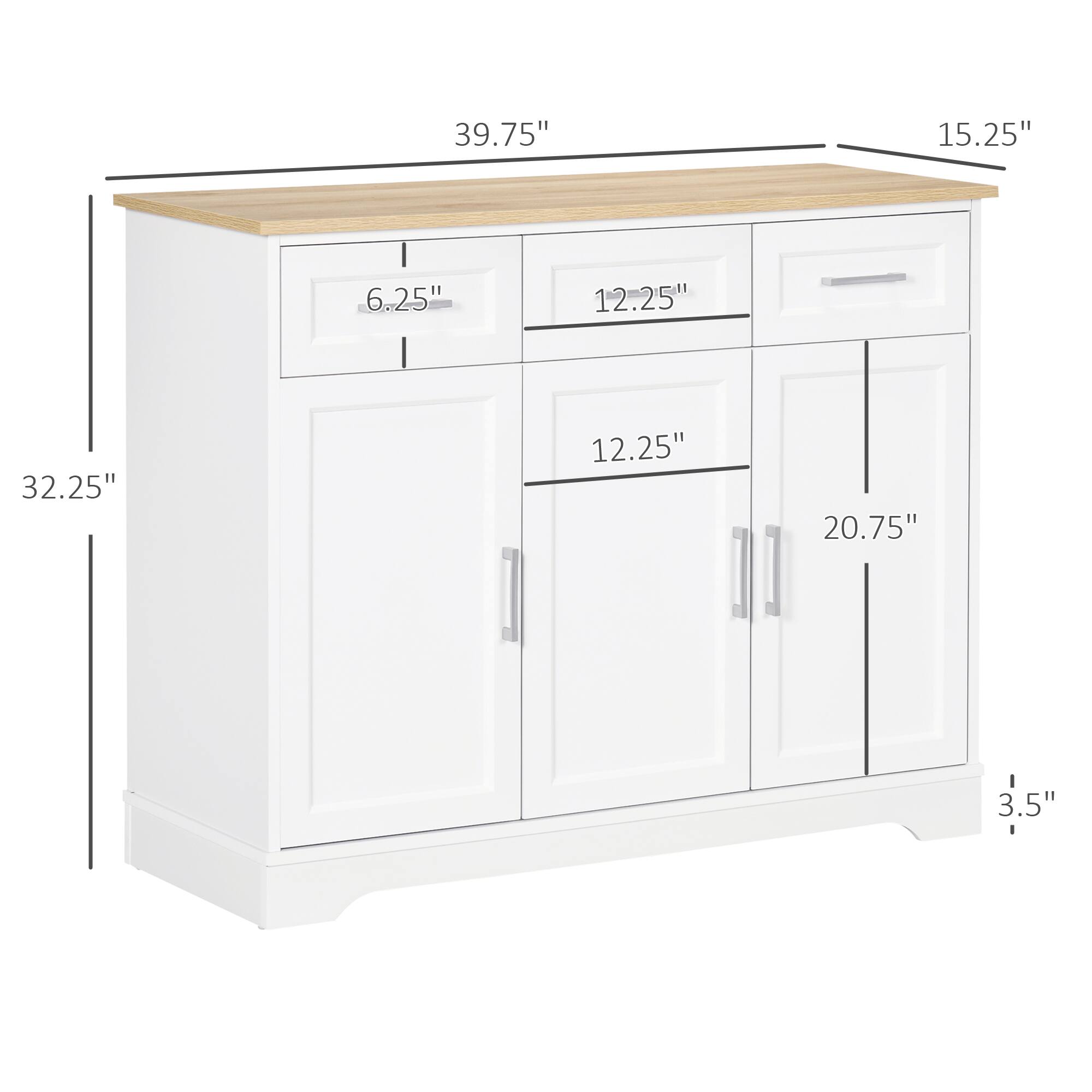 Width: 39.75"
Depth: 15.25"
Height: 32.25"
Drawer width: 6.25"
Drawer height: 12.25"
Cabinet width: 20.75"
Thickness: 3.5"