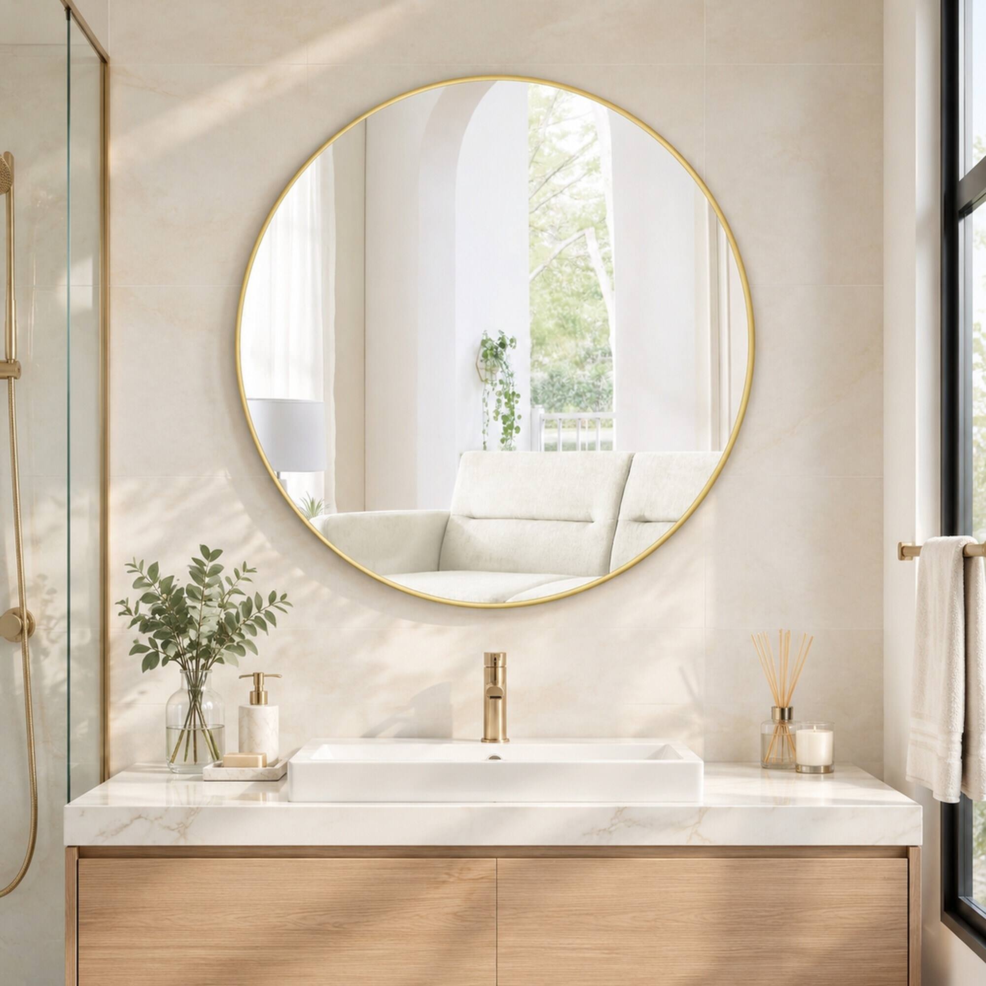Angle. RYHNUYNE - 48 Inch Round Gold Wall Mirror, Metal Frame, Dust Proof, Wall Mounted, Bathroom and Bedroom Decor - Gold.