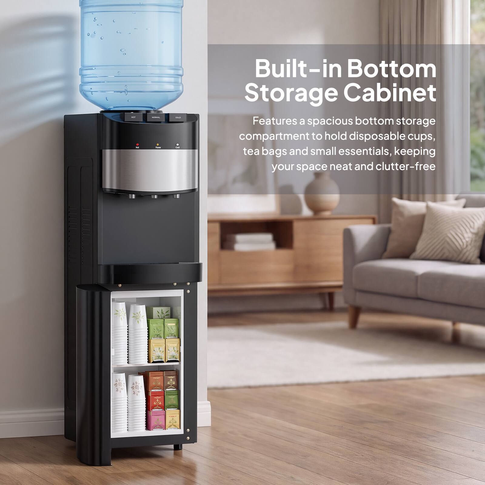 Built-in Bottom Storage Cabinet  
Features a spacious bottom storage compartment to hold disposable cups, tea bags and small essentials, keeping your space neat and clutter-free