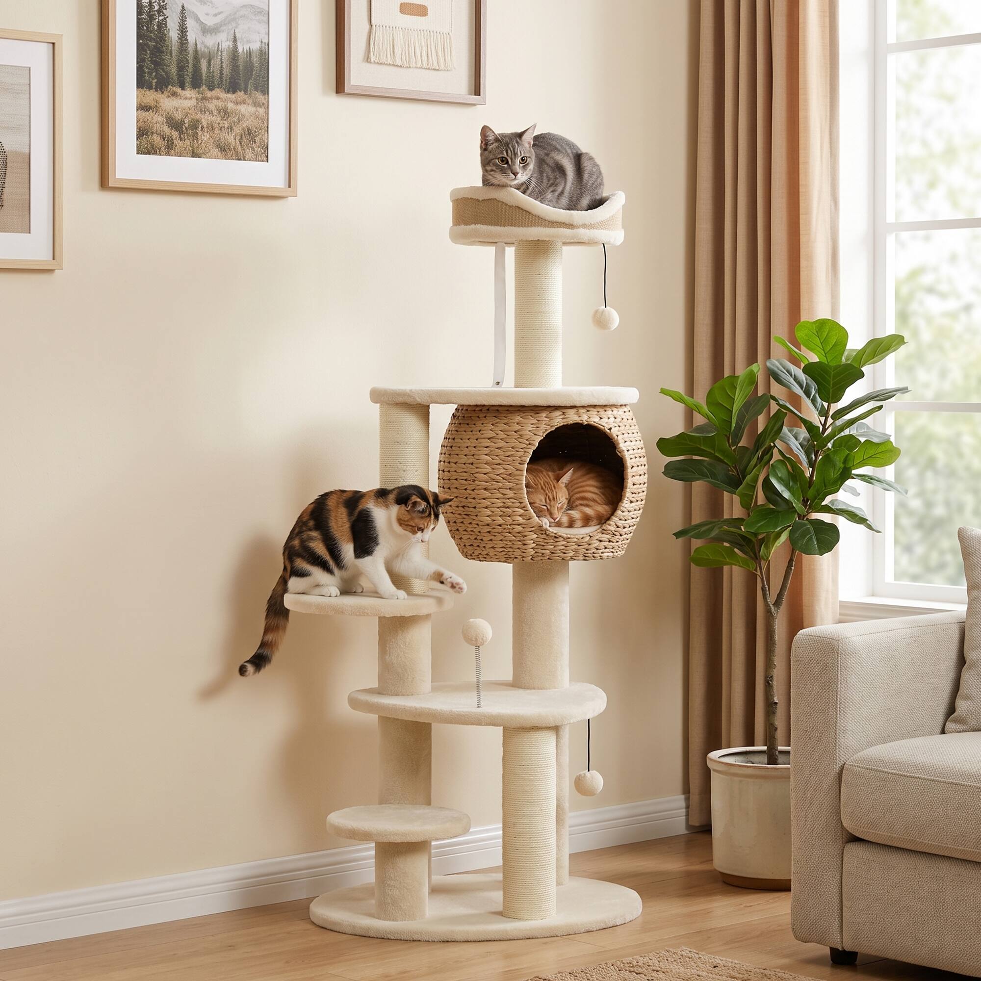 Alt View 1. Pawhut - 52" Cat Tree, Cat Tower with Handwoven Cattail Condo, Bed, Platforms - Beige.