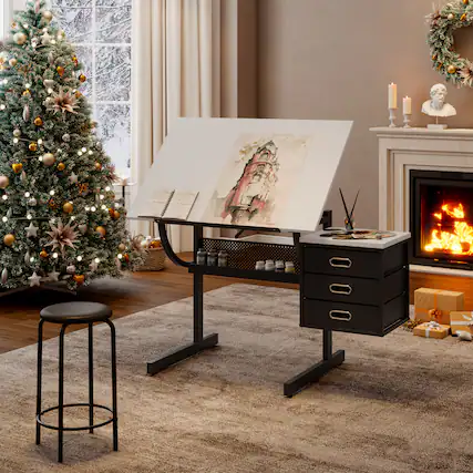 Front. GOODSILO - Professional Adjustable Drafting Table with Storage Drawers and Stool for Artists and Designers - Black White.