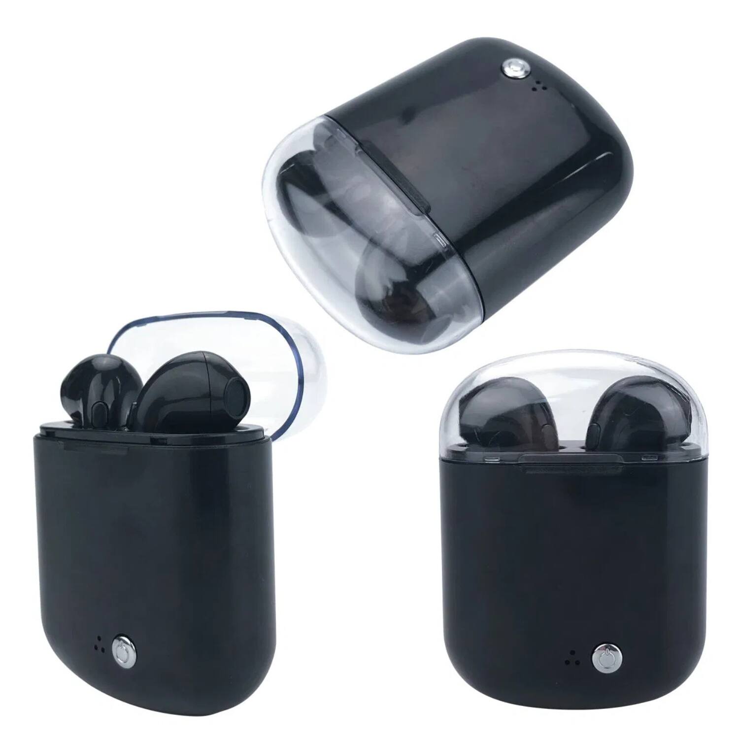 Front. Stock Preferred - Clear Top Dual Chamber Wireless Bluetooth Earphones with Charging Box - Black.