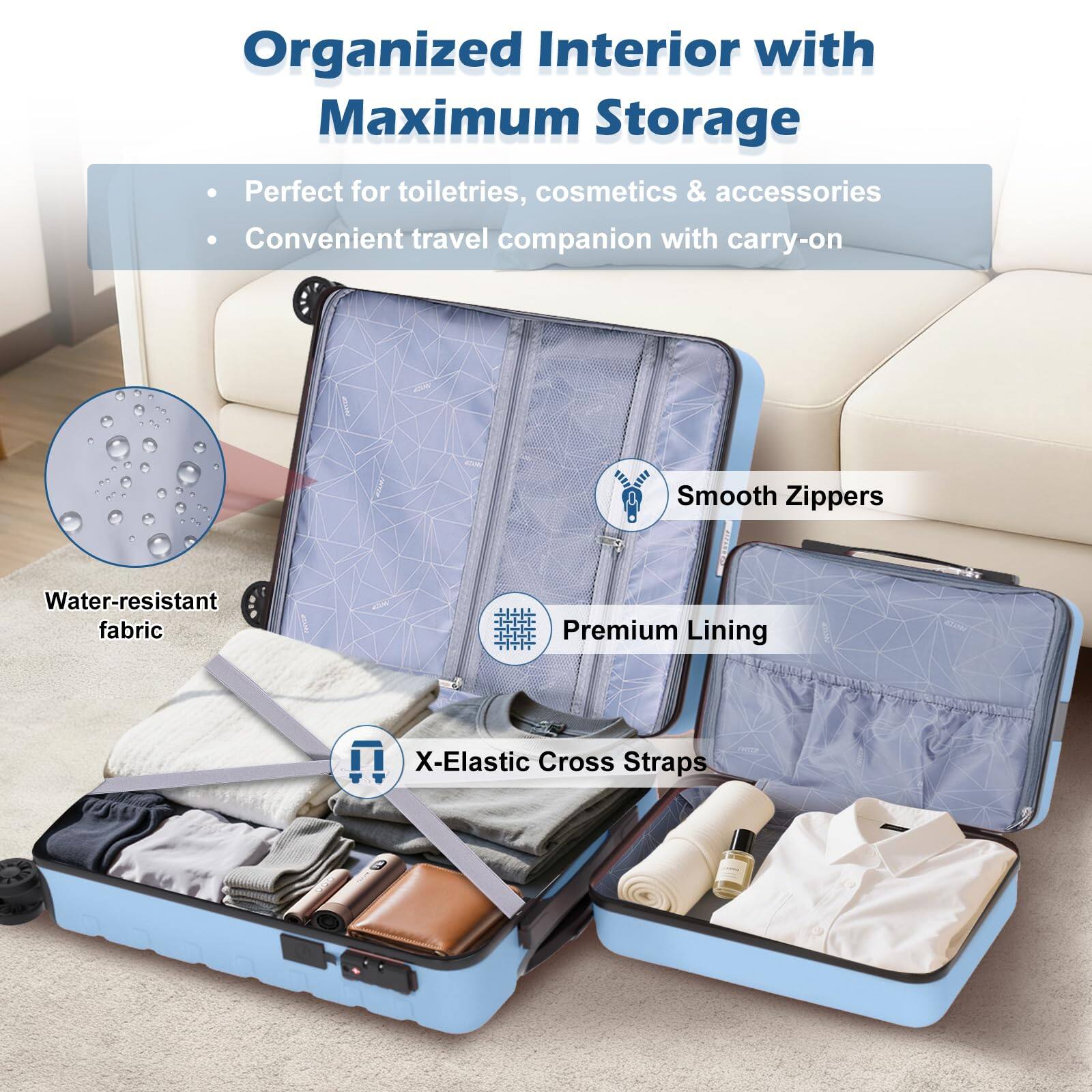 Organized Interior with Maximum Storage

- Perfect for toiletries, cosmetics & accessories
- Convenient travel companion with carry-on

Smooth Zippers
Water-resistant fabric
Premium Lining
X-Elastic Cross Straps