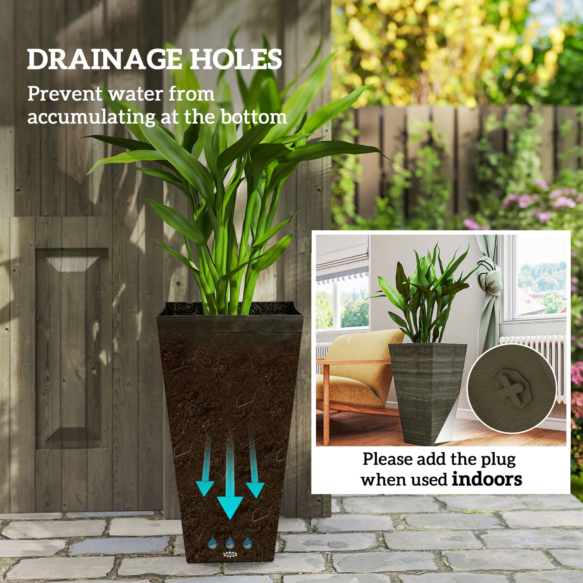 DRAINAGE HOLES  
Prevent water from accumulating at the bottom  

Please add the plug when used indoors