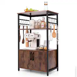 Costway - 3-Tier Kitchen Baker’s Rack with Cabinet 2 Open Shelves 10 S-Shaped Hooks - Brown