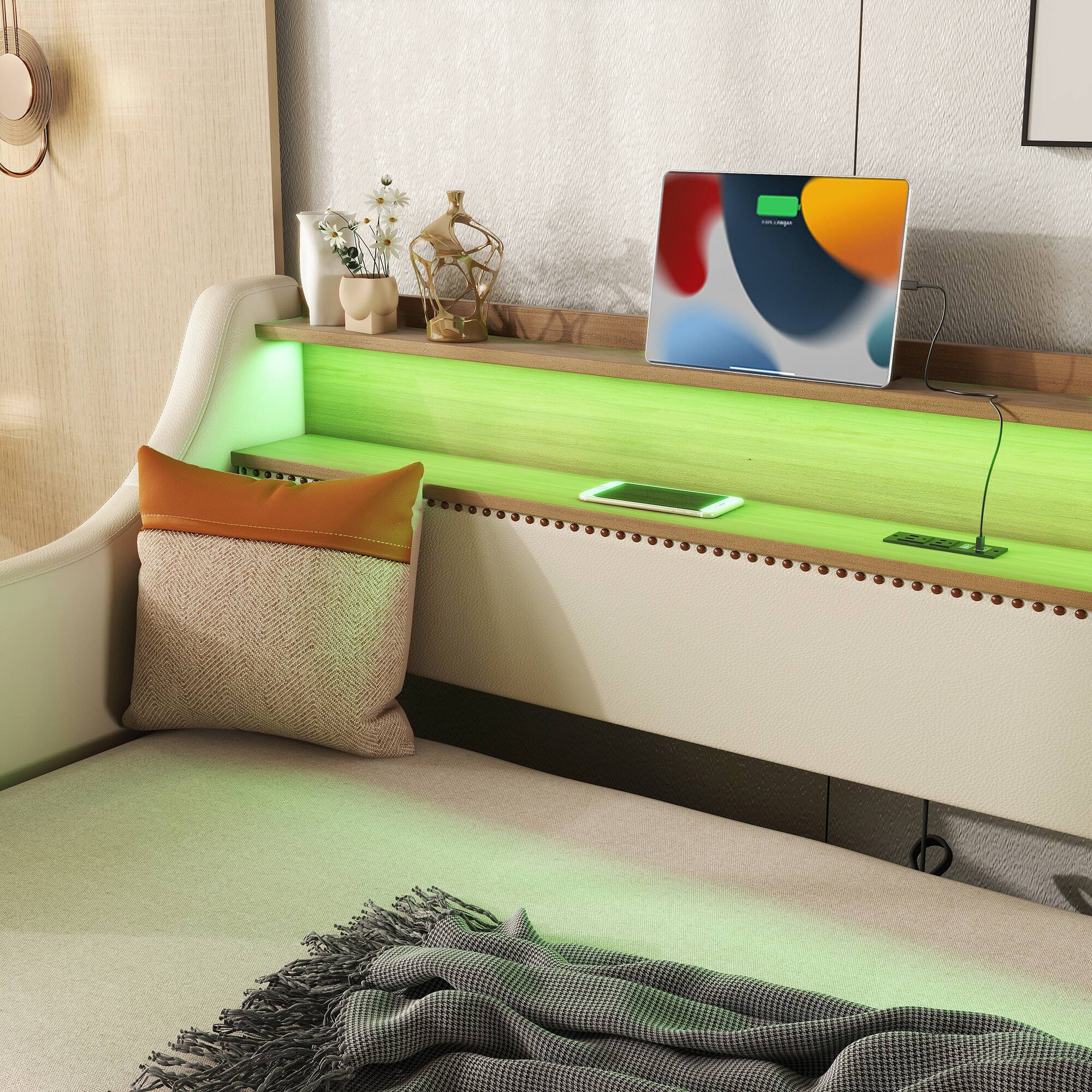 Alt View 5. PexFix - Twin Daybed with Trundle, LED Lights & Charging Station, Upholstered Bed for Guest Room - Beige.