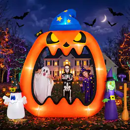 Wisairt - 8.2ft Halloween Inflatable Pumpkin Photo Door with Ghost and Witch - LED Outdoor - Green|White|Red