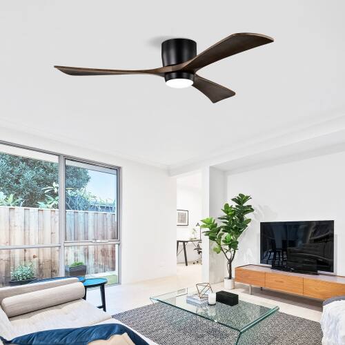 Alt View 4. LUCKY ONE - 52" Flush Mount Ceiling Fan with Light Remote 6-Speed Wood Blades - Matte Black.