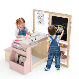 Costway - Kids Art Easel & Table & Bench Set with Double-Sided Adjustable Easel, Blackboard - Pink