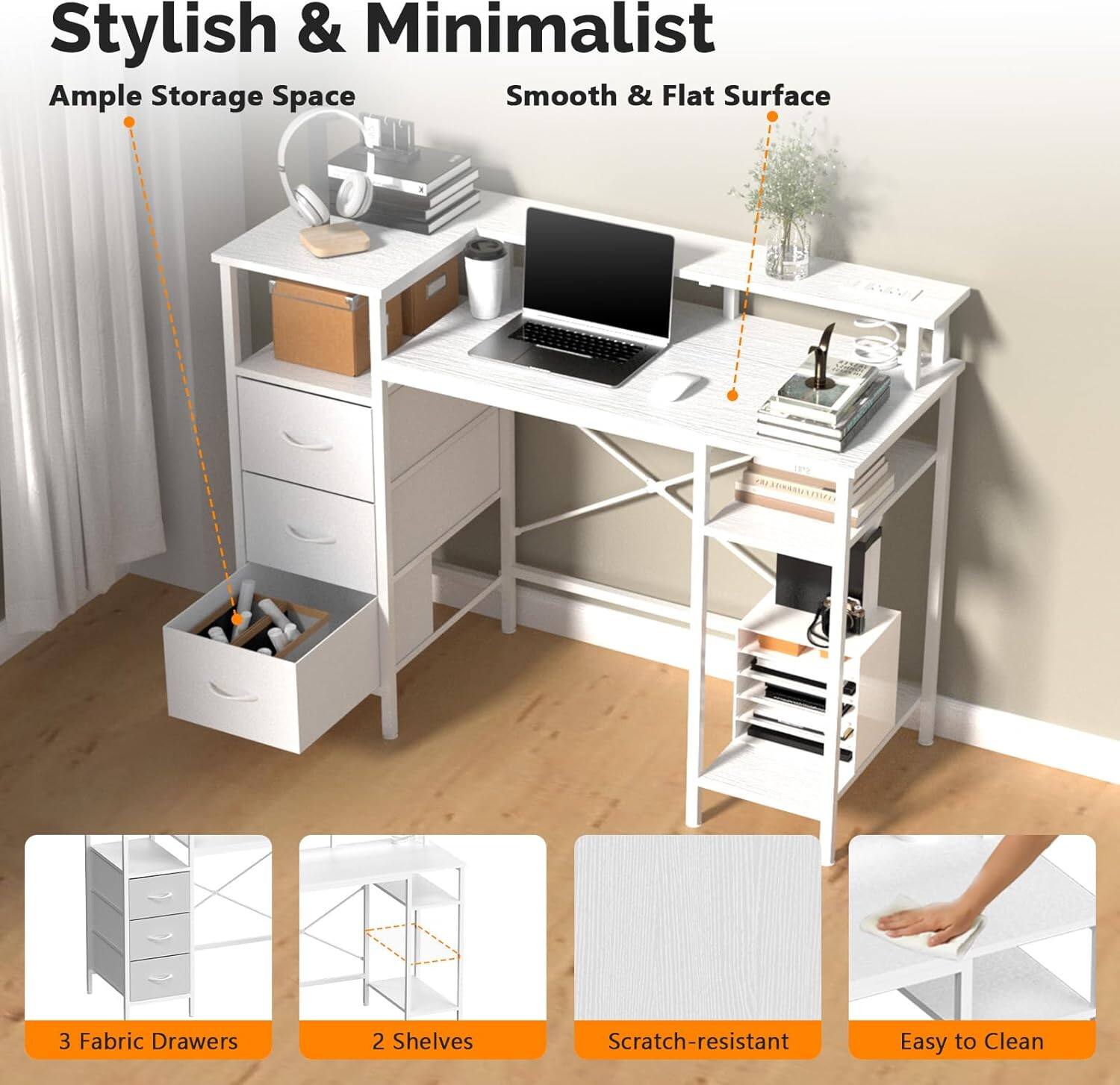 Stylish & Minimalist  
Ample Storage Space  
Smooth & Flat Surface  
3 Fabric Drawers  
2 Shelves  
Scratch-resistant  
Easy to Clean
