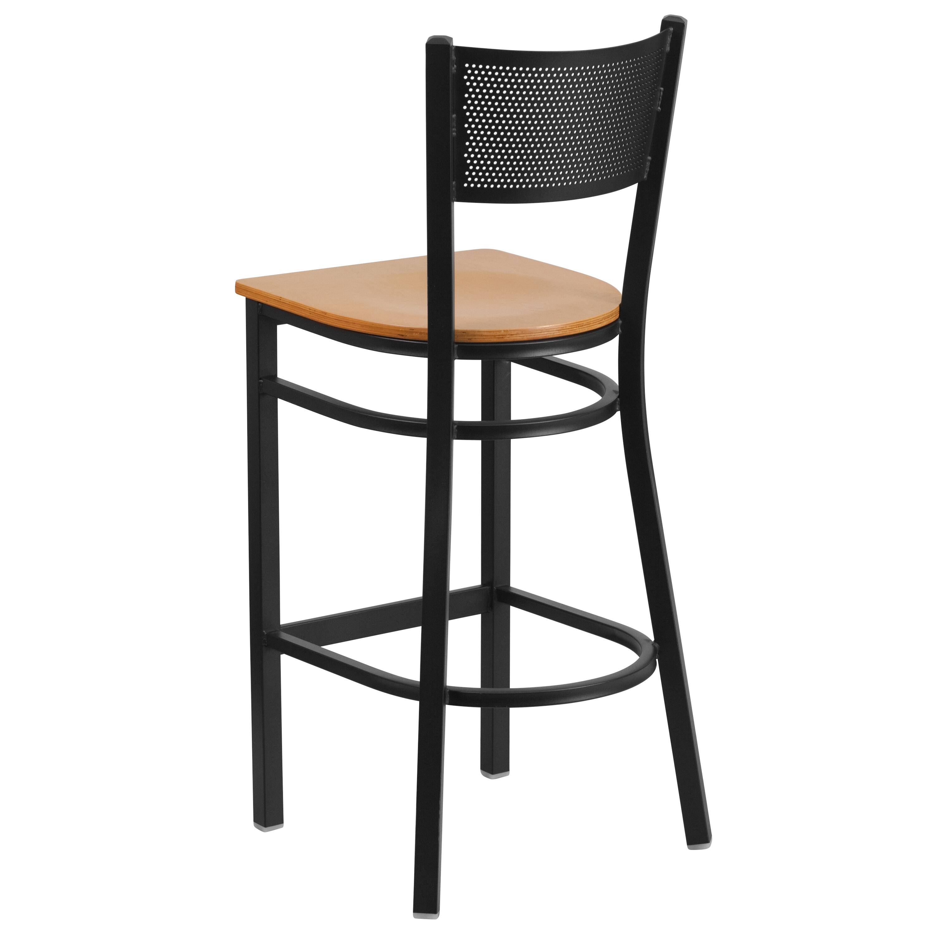 Alt View 3. Emma + Oliver - Grid Back Metal Restaurant Dining Barstool - Natural Wood Seat/Black Metal Frame.