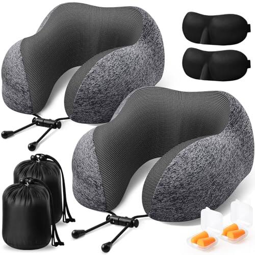 Pacoar Cade - Travel Pillow Pillows For Sleeping Airplane Removable Cover Neck With Adjustable Clasp Memory Foam Set Eye Mask - Dark Grey*2