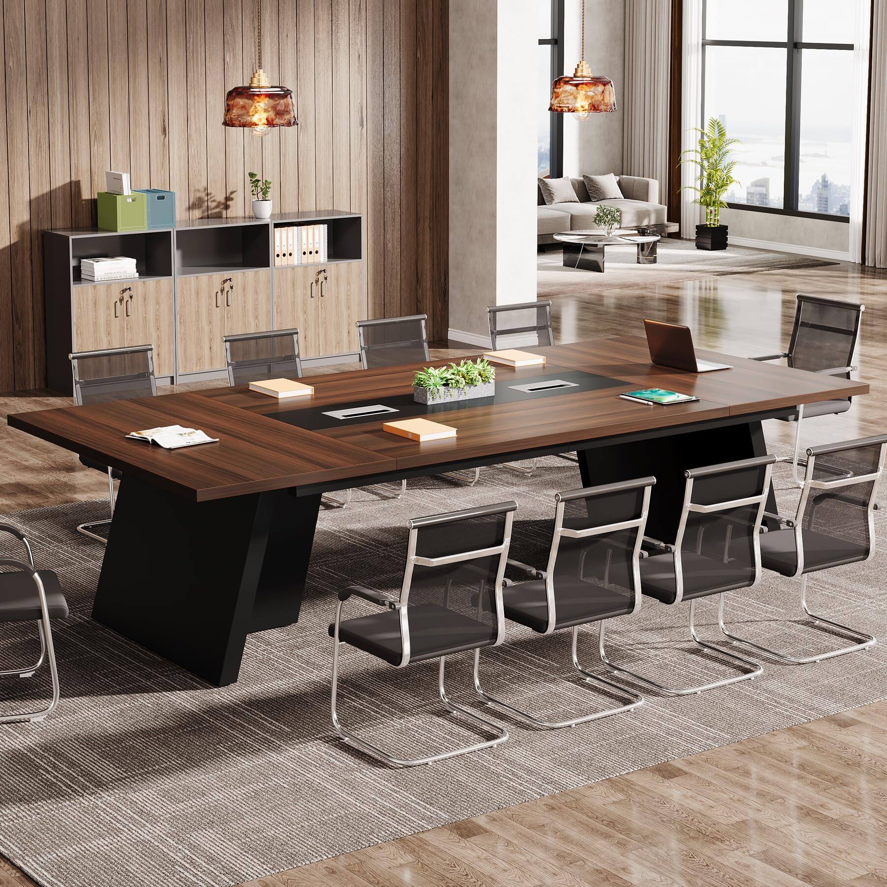 Back. Tribesigns - 94.5-Inch Conference Table with Cable Management Grommets and Metal Frame for Office Meeting Rooms - Walnut + Black.