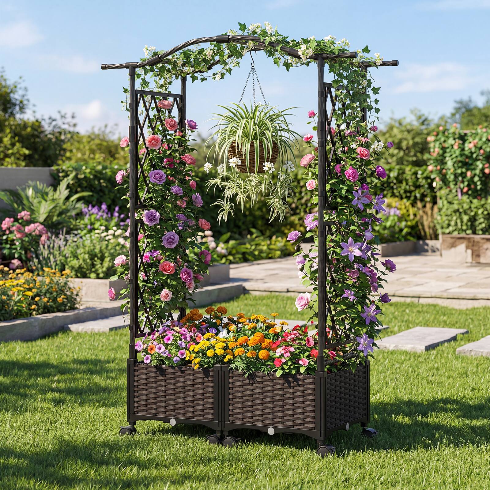 Alt View 3. Gymax - Gymax 5 FT Self-Watering Planter Boxes w/ Lattice Trellis & Roof Lockable Wheels - Brown.