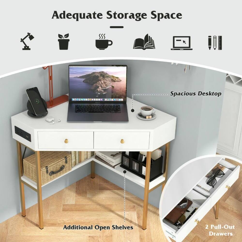 Adequate Storage Space

- Spacious Desktop
- Additional Open Shelves
- 2 Pull-Out Drawers