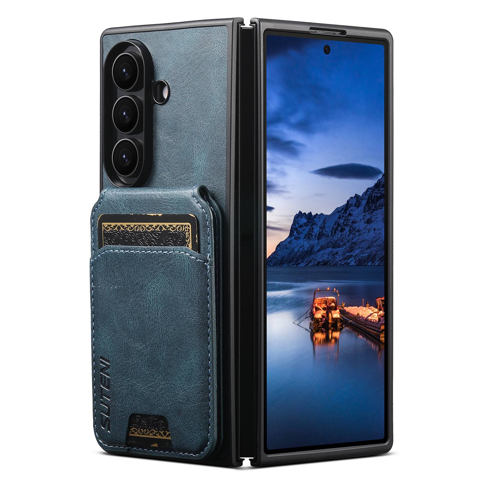 Back. Dteck - Detachable Wallet Card Case for Samsung Galaxy Z Fold 8 Ultra, Shockproof PU Leather Flip Stand Cover - Blue.