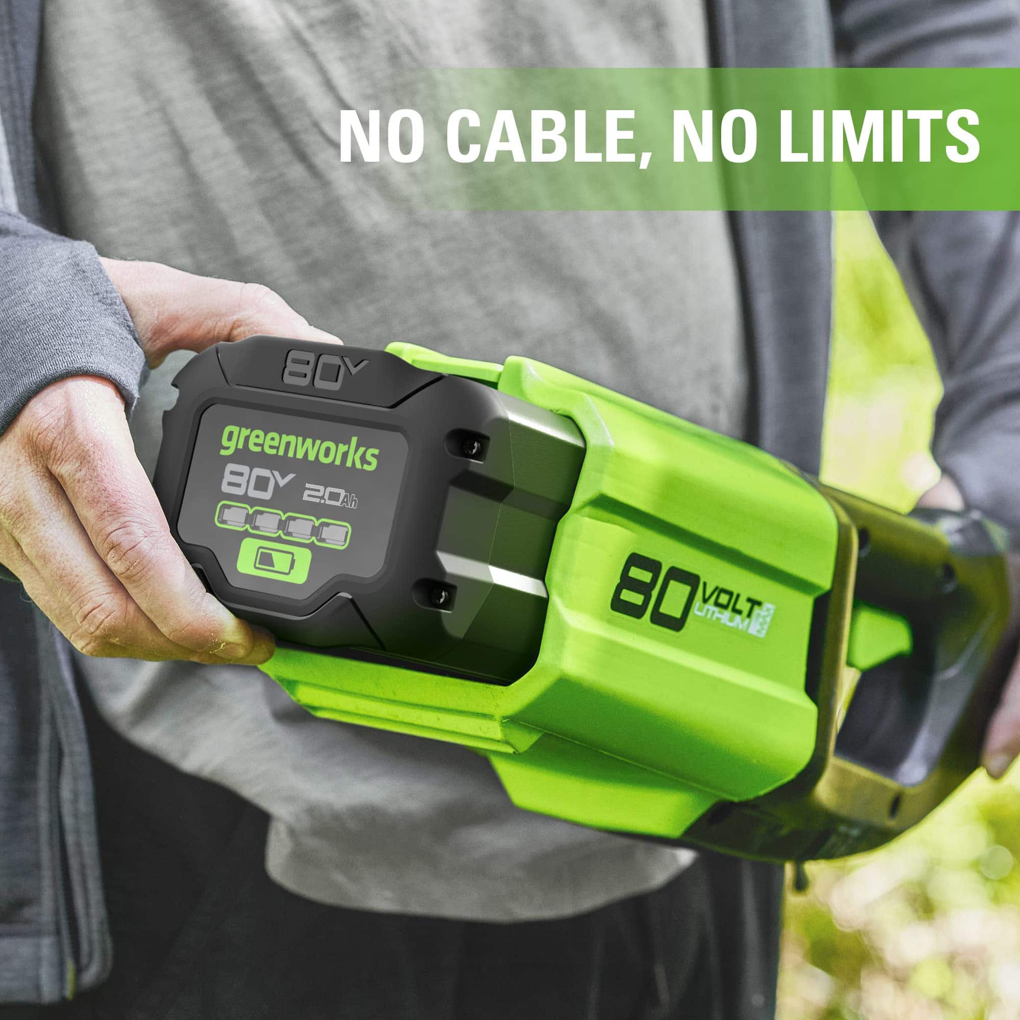 The text on the image reads "No Cable, No Limits B0Y greenworks BDY 2.0Ah 80 Volt."
