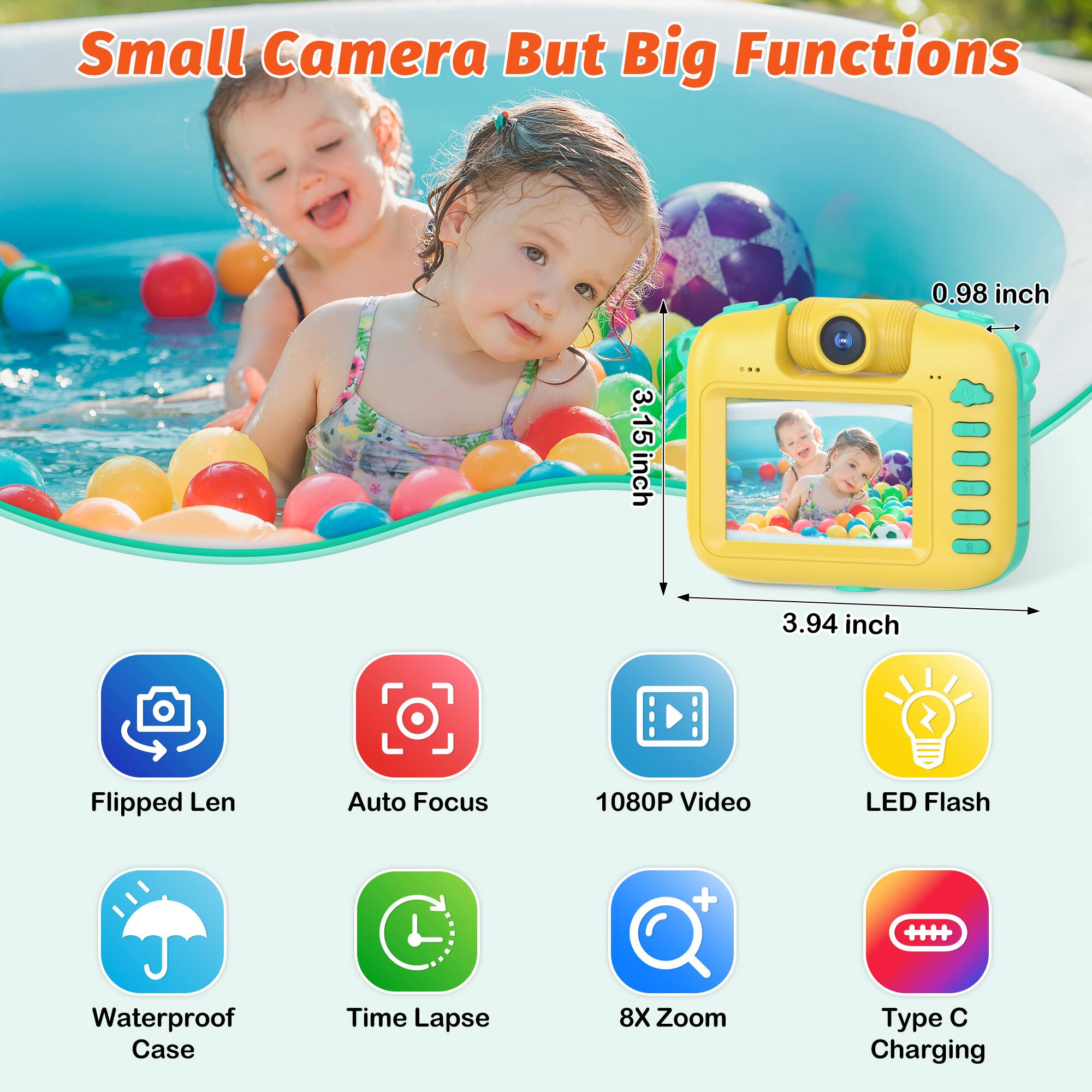 Small Camera But Big Functions: 0.98 inch, 3.15 inch, 3.94 inch, Flipped Len, Auto Focus, 1080P Video, LED Flash, Waterproof Case, Time Lapse, 8X Zoom, Type C Charging.