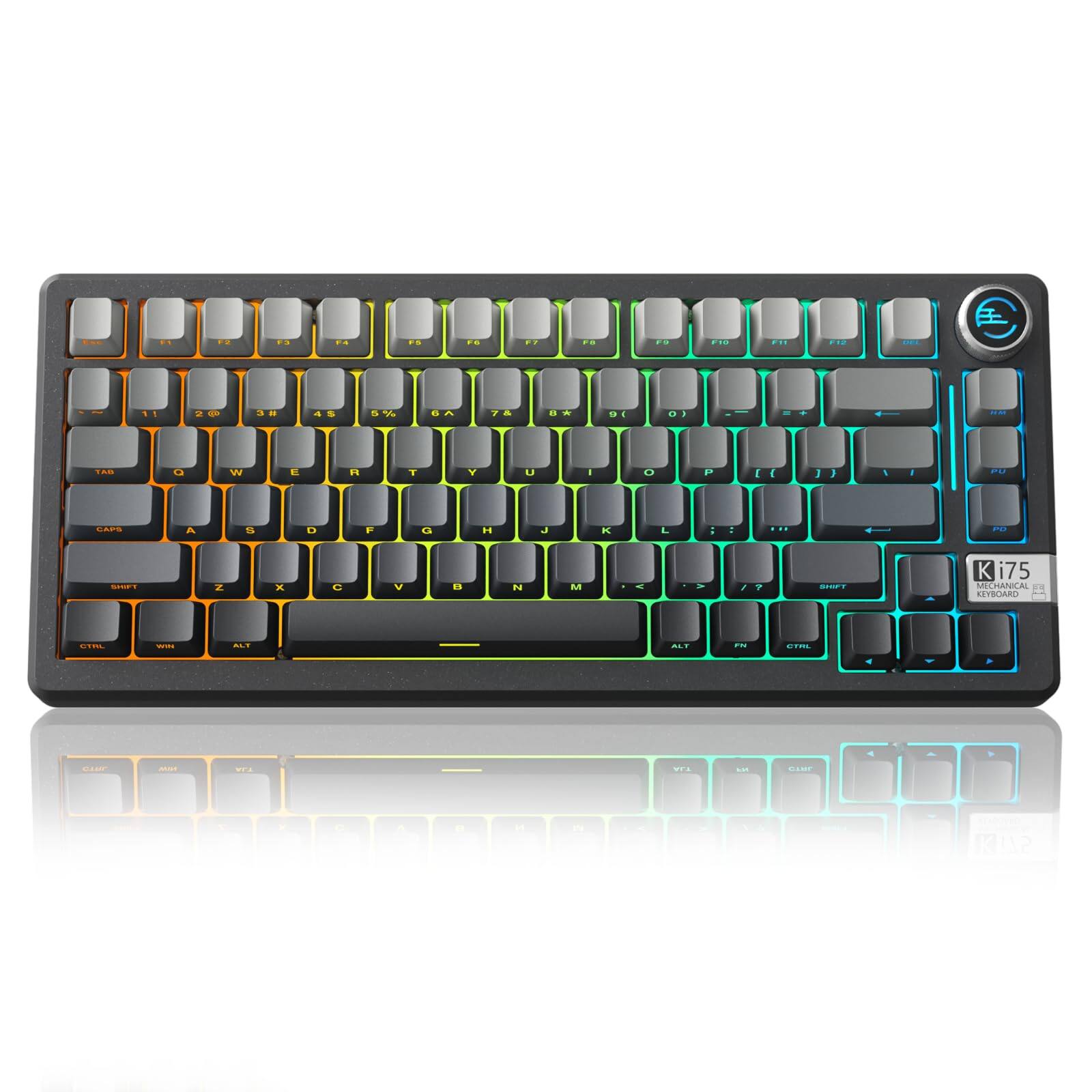 Sure, here is the corrected and grouped text from the image:

```
K75
MECHANICAL
RGB
```

This text is located on the top right corner of the keyboard.