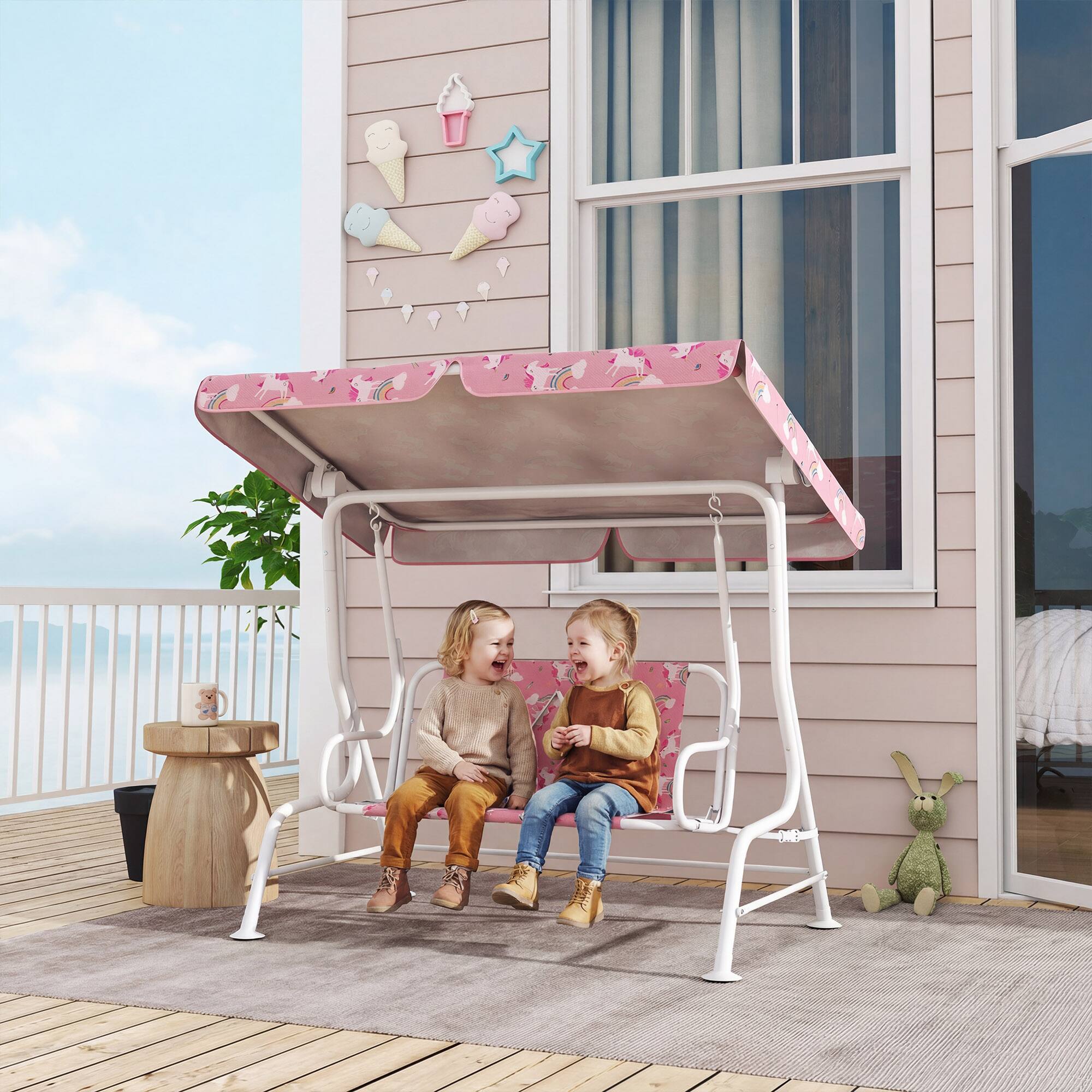 Alt View 1. Qaba - Kids Porch Swing, 2-Seater Patio Swing Bench with Safety Belts, Adjustable Canopy for Backyard - Pink.