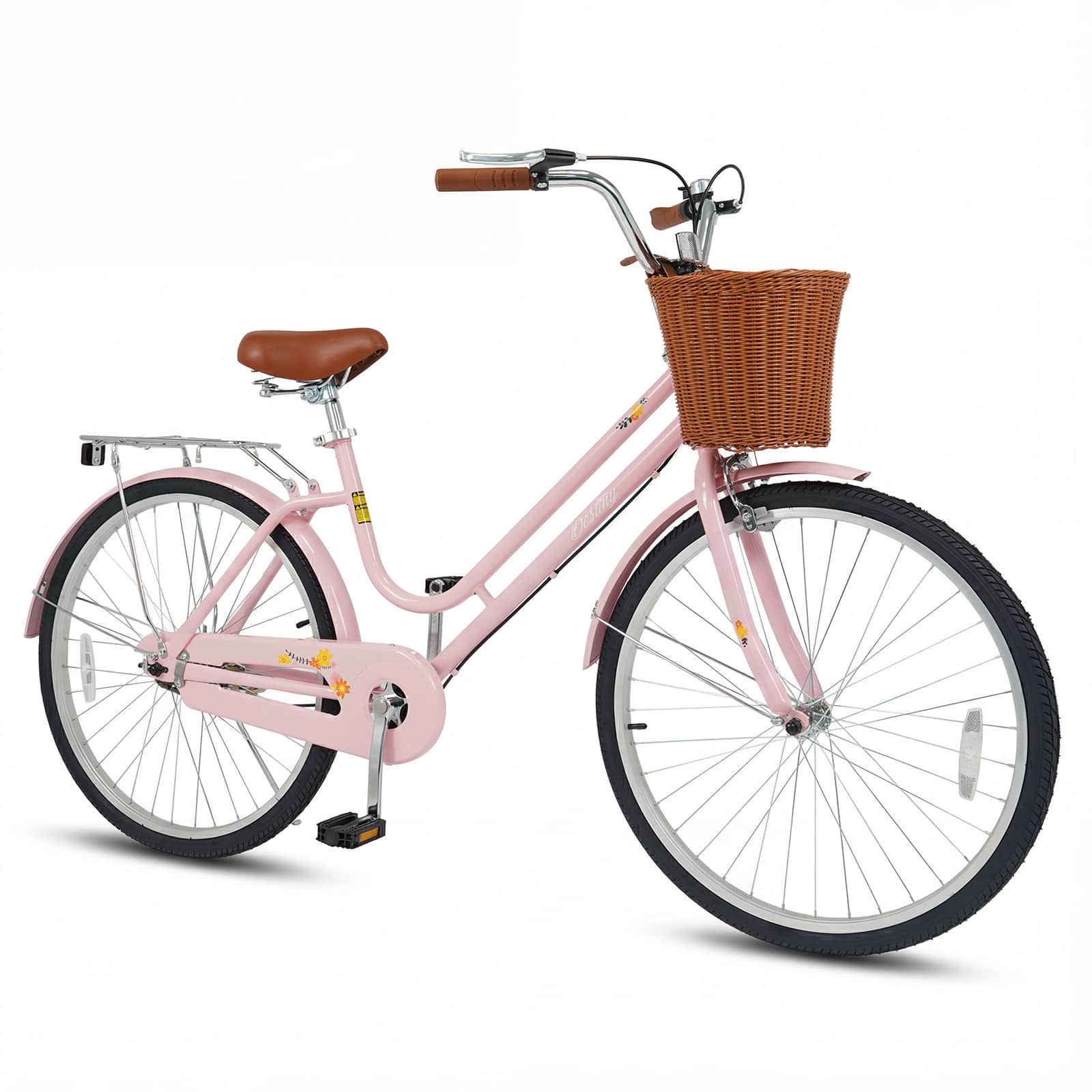 Gymax - 26-Inch Beach Cruiser Bike w/Adjustable Seat Woven Basket & Rear Rack - Pink