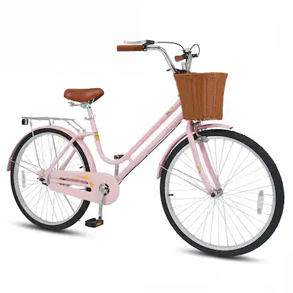 Front. Gymax - Gymax 26-Inch Beach Cruiser Bike w/Adjustable Seat Woven Basket & Rear Rack Pink - Pink.