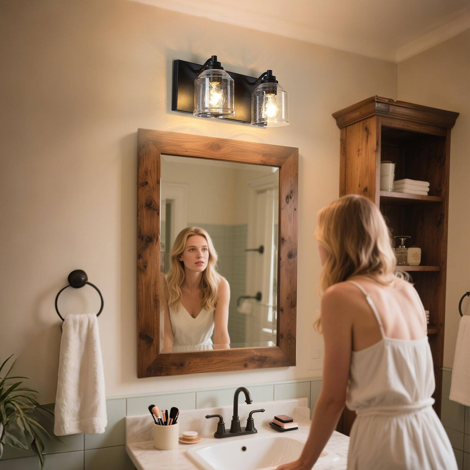 Alt View 6. Cedar Assembly - Vanity Lights For Bathroom Large Farmhouse Rustic Light With Bubble Glass Shades Lighting Fixtures Over Mir - Grey Metal 4-Light.