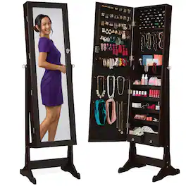 Best Choice Products - Jewelry Armoire Cabinet, Full Length Mirror w/ Velvet Storage Interior, Lock - Espresso