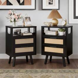 Whisen - Set of 2 Nightstand with 2-Drawer Storage,Rattan-Front Bedside Table for Bedroom with Handles - Black
