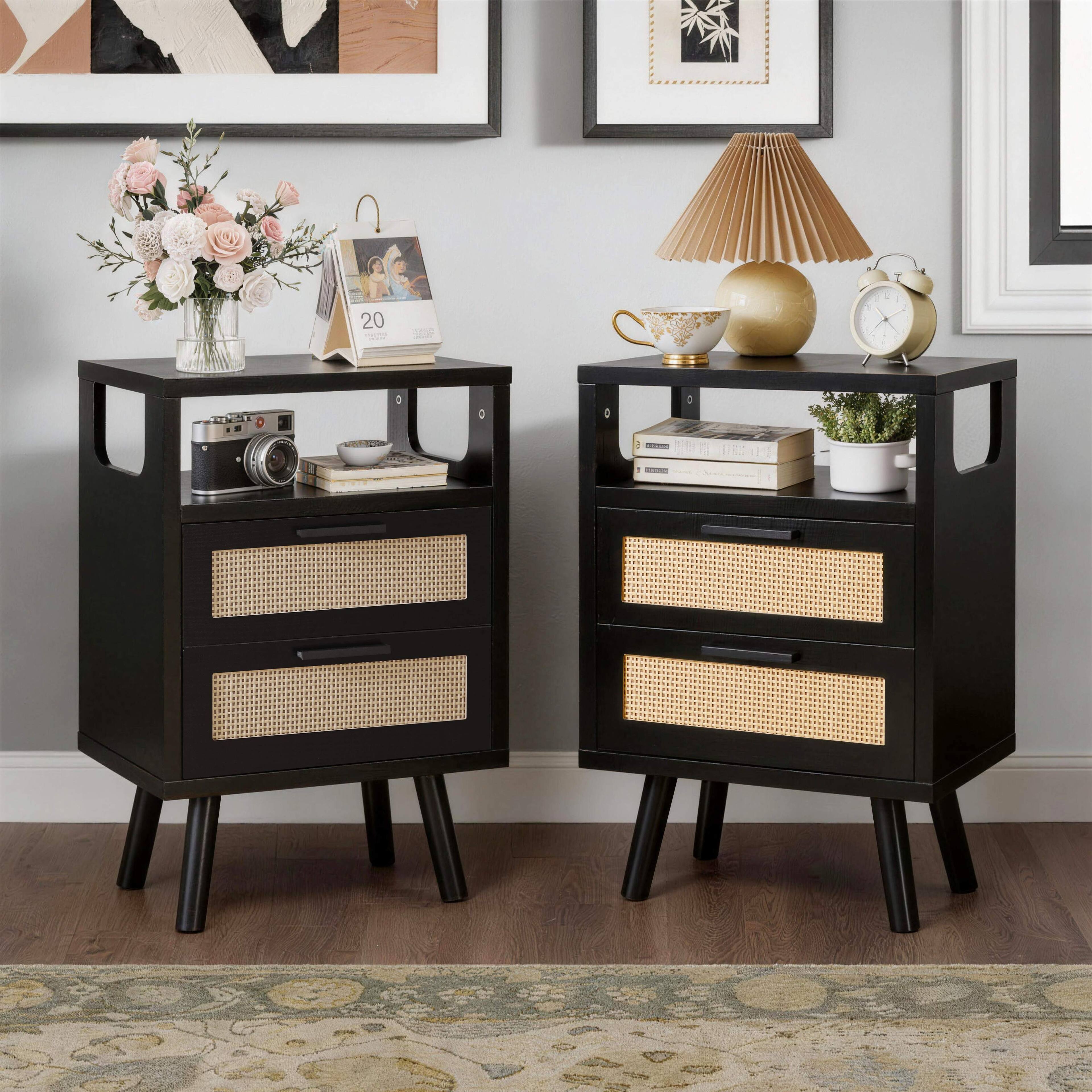 Front. Whisen - Set of 2 Nightstand with 2-Drawer Storage,Rattan-Front Bedside Table for Bedroom with Handles - Black.
