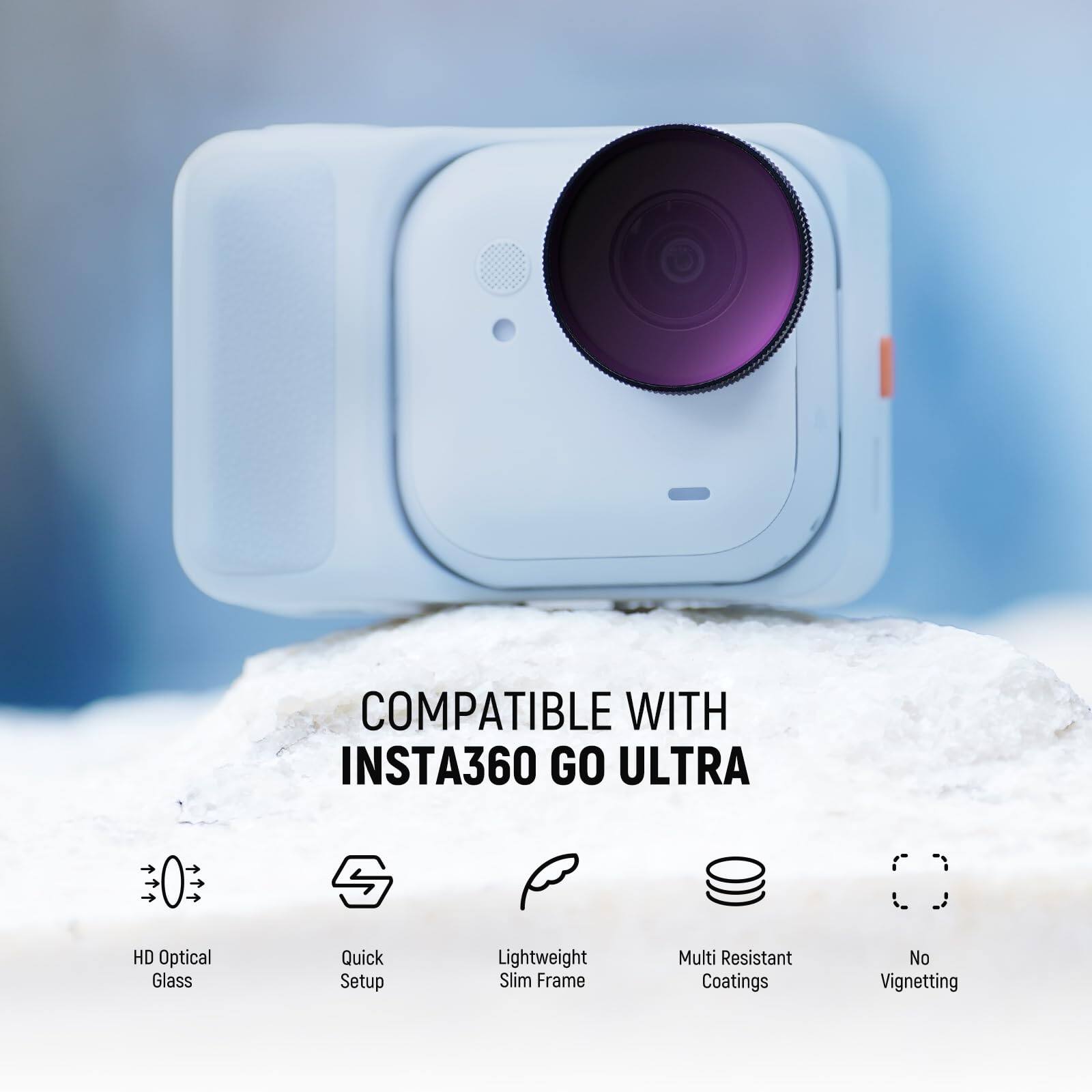 COMPATIBLE WITH INSTA360 GO ULTRA

- HD Optical Glass
- Quick Setup
- Lightweight Slim Frame
- Multi Resistant Coatings
- No Vignetting