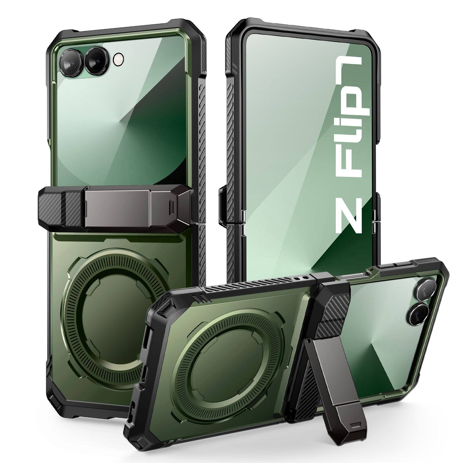 Angle. SUPCASE - Galaxy Z Flip7 UB Grip Magsafe Phone Case - Dark Green.