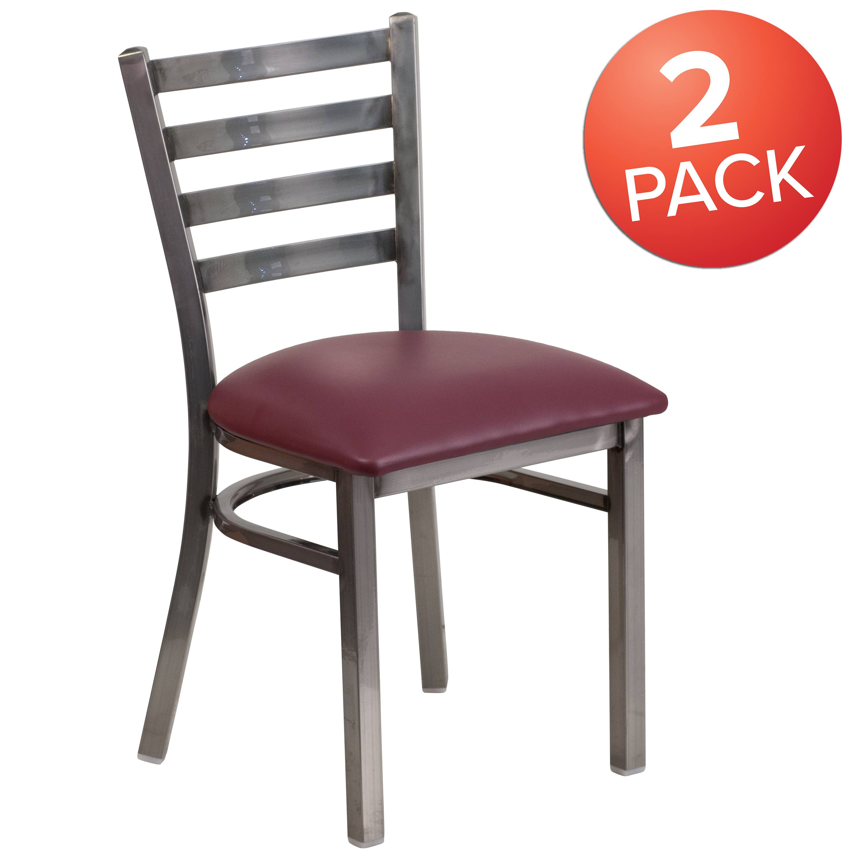Alt View 1. Emma + Oliver - 2 Pack Clear Coated Ladder Back Metal Restaurant Chair - Burgundy Vinyl Seat/Clear Coated Metal Frame.
