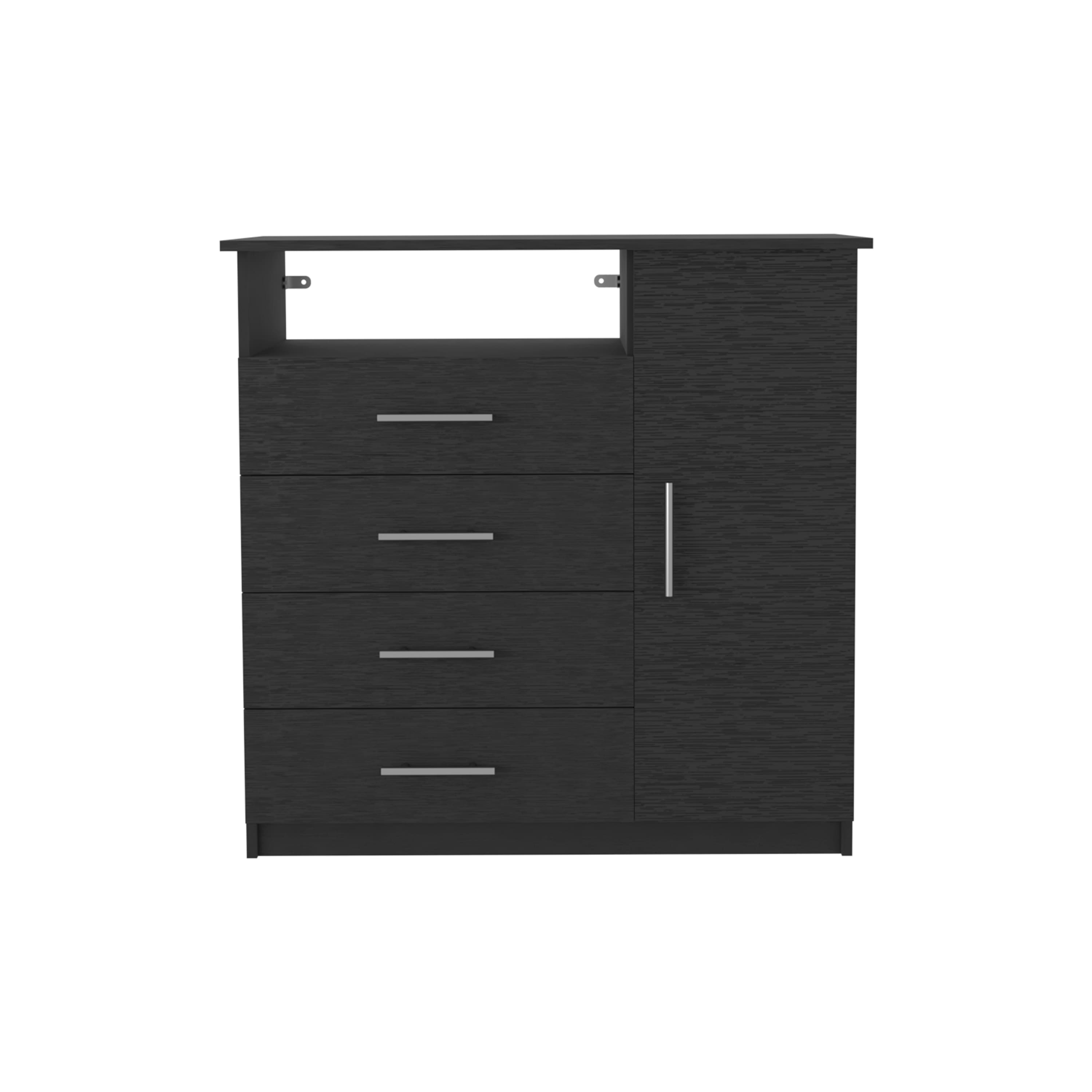 TuHome - Peru 4 Drawer Dresser, Single Door Cabinet, One Open Shelf, Superior Top - Black