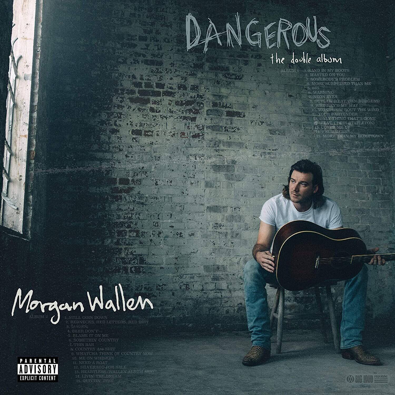 **DANGEROUS**  
the double album

**Morgan Wallen**

**ALBUM 1**  
1. Sand In My Boots  
2. Somebody's Problem  
3. More Surprised Than Me  
4. Warning  
5. Neon Eyes  
6. Outlaw (feat. Ben Burgess)  
7. I Wanna Be  
8. Wonderin' Bout The Wind  
9. Your Bartender  
10. Only Thing That's Gone  
11. Tapout  
12. Lower Me  
13. Summer  
14. More Than My Hometown  

**ALBUM 2**  
1. Still Goin' Down  
2. Rednecks, Red Letters, Red Dirt  
3. Beer Don't  
4. Blame It On Me  
5. Something Country  
6. Country As Hell  
7. Watcha Think Of Country Now  
8. Need A Boat  
9. Silverado For Sale  
10. Heartless (Wallen Album Mix)  
11. Outta Time  

**Parental Advisory**  
Explicit Content  

**RIC LOUD**  
**Universal Music Group**