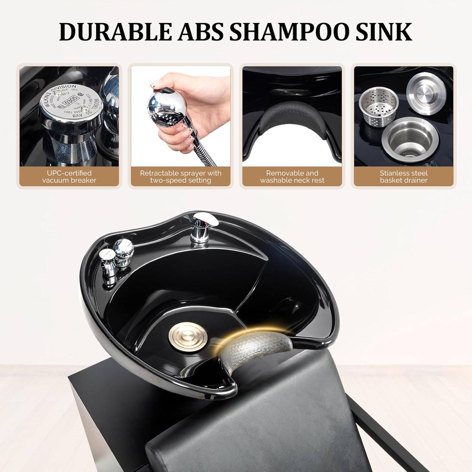 DURABLE ABS SHAMPOO SINK

- UPC-certified vacuum breaker
- Retractable sprayer with two-speed setting
- Removable and washable neck rest
- Stainless steel basket drainer