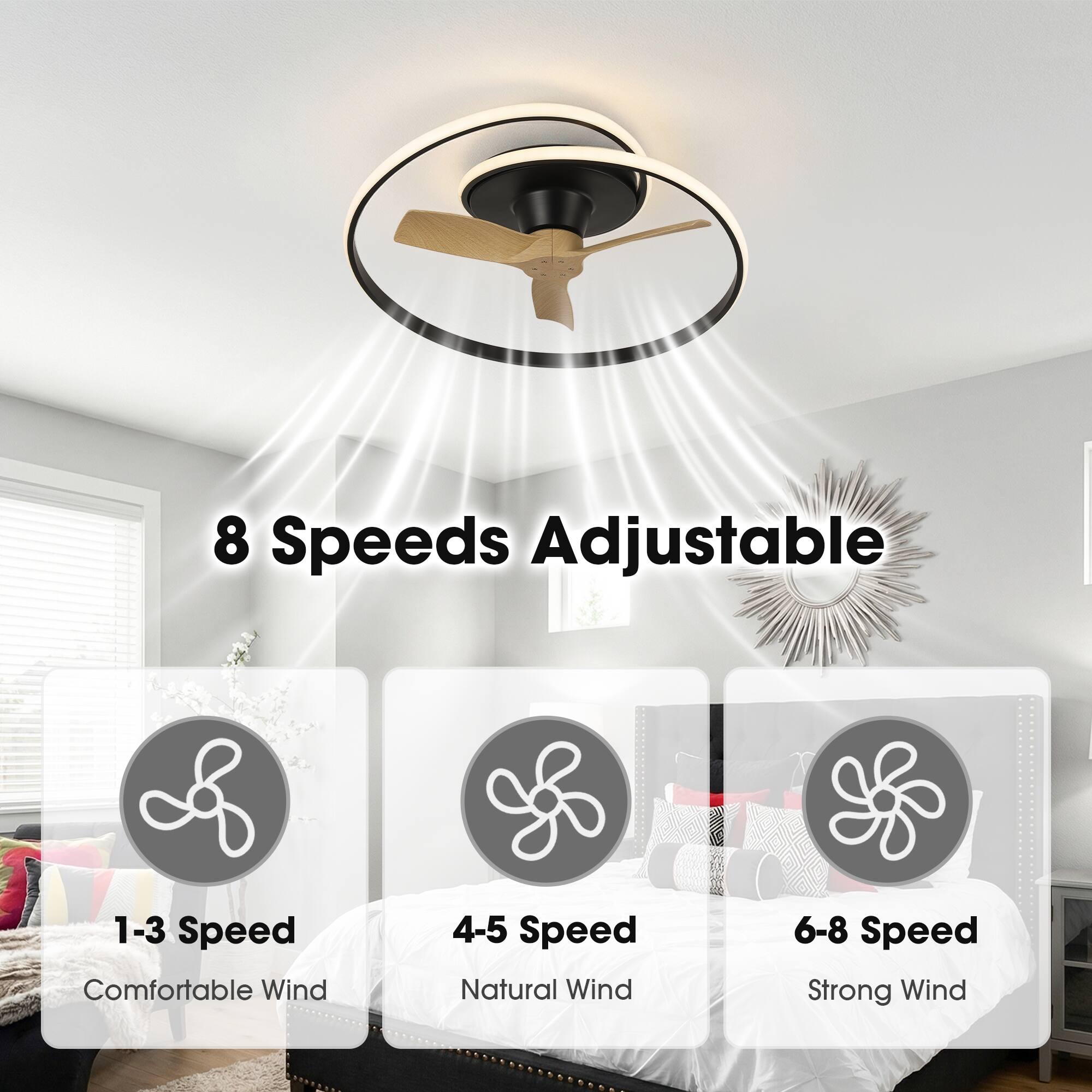 8 Speeds Adjustable  
1-3 Speed: Comfortable Wind  
4-5 Speed: Natural Wind  
6-8 Speed: Strong Wind
